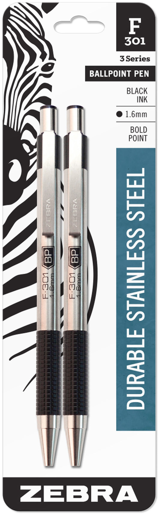 Zebra F-301 Stainless Steel Ballpoint Pen 1.6mm 2/Pkg