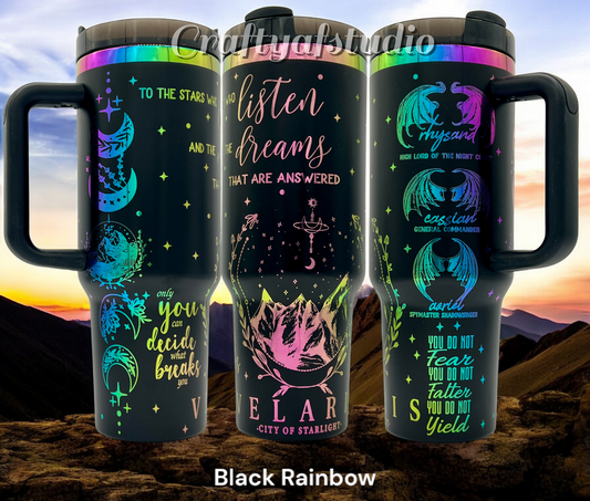 40oz Acotar Velaris City of Starlight engraved tumbler black powder coating with rainbow engraving.