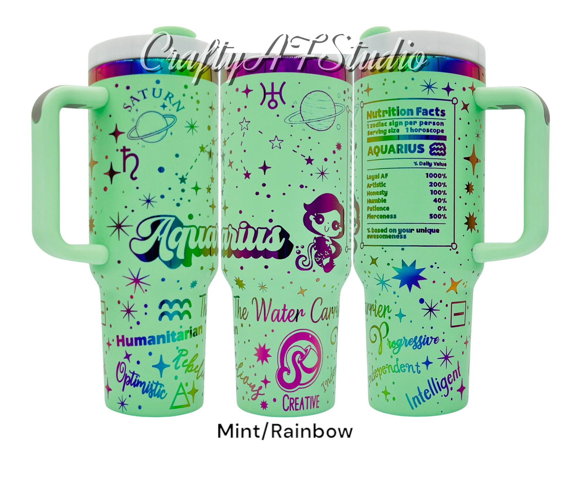 40oz Aquarius Zodiac Astrological series laser engraved tumbler. Mint Powder coating with rainbow engraving. The Ram, Cartoon Zodiac, Snarky Zodiac, zodiac nutrition 