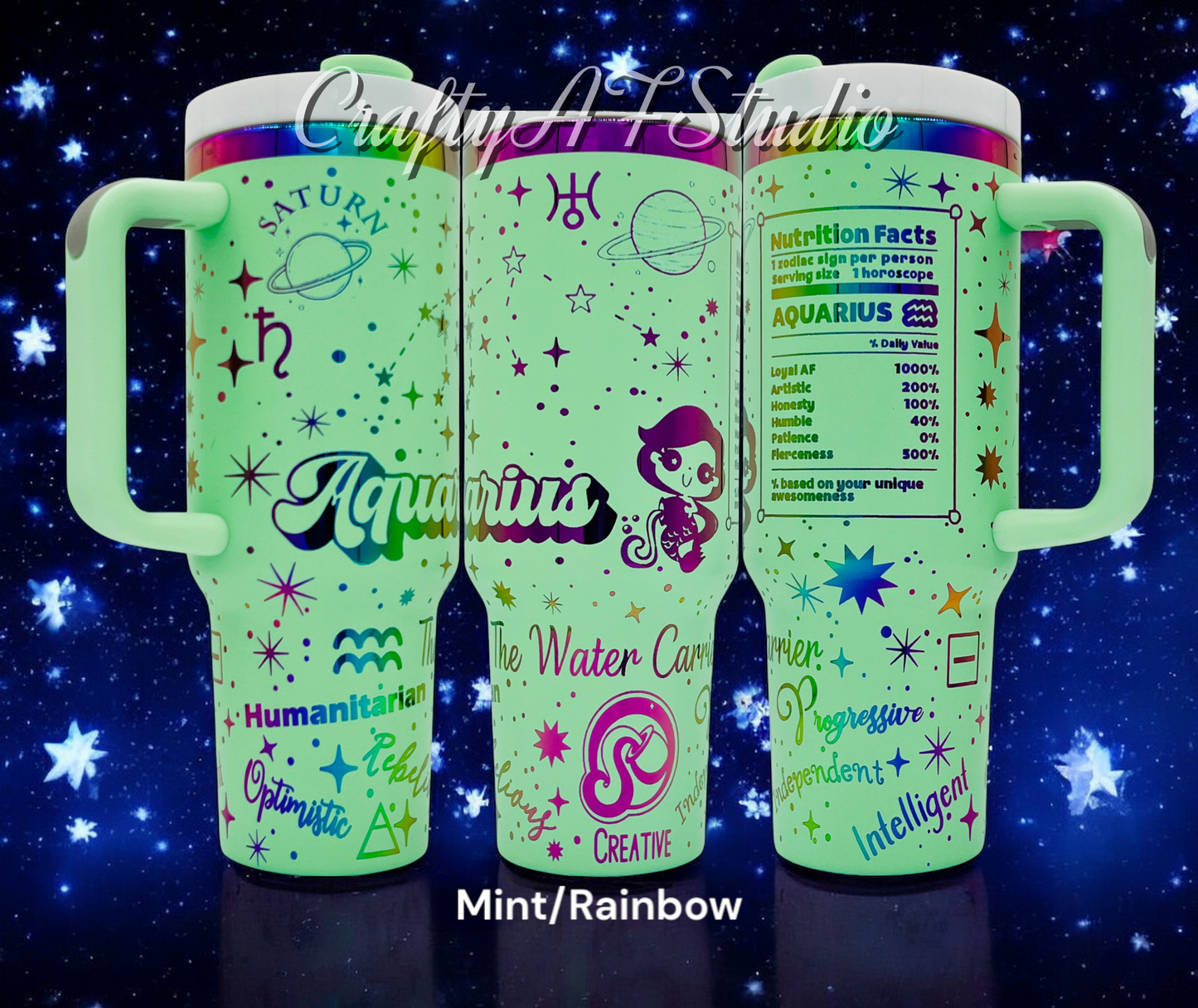 40oz Aquarius Zodiac Astrological series laser engraved tumbler. Mint Powder coating with rainbow engraving. The Ram, Cartoon Zodiac, Snarky Zodiac, zodiac nutrition 