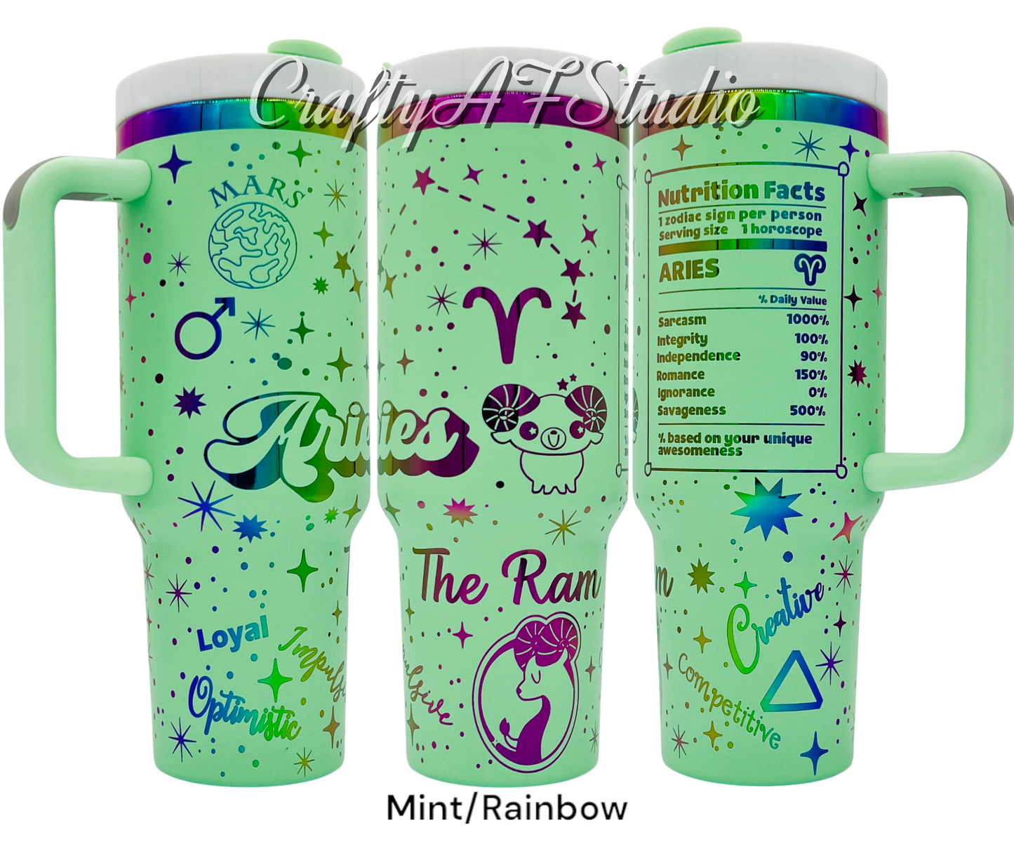 40oz Aries Zodiac Astrological series laser engraved tumbler. Mint Powder coating with rainbow engraving. The Ram, Cartoon Zodiac, Snarky Zodiac, zodiac nutrition 