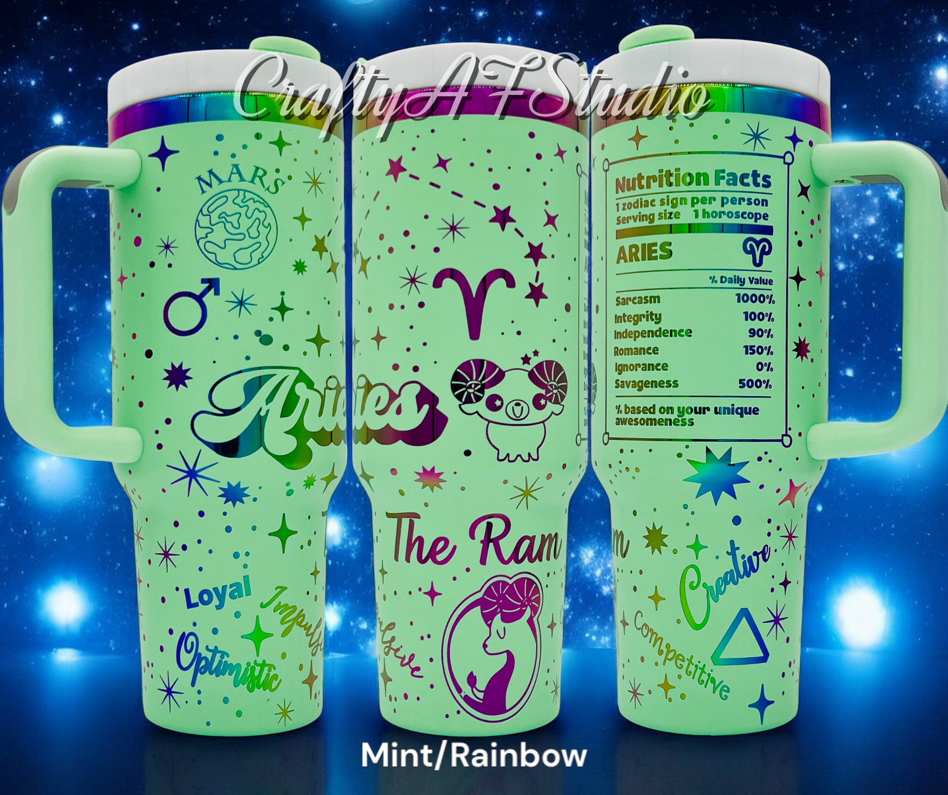 40oz Aries Zodiac Astrological series laser engraved tumbler. Mint Powder coating with rainbow engraving. The Ram, Cartoon Zodiac, Snarky Zodiac, zodiac nutrition 