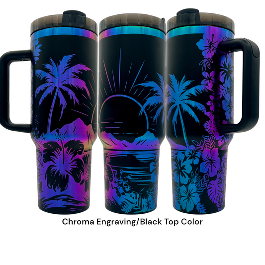 40oz Beach Hibiscus and palm trees with setting sun laser engraved tumbler