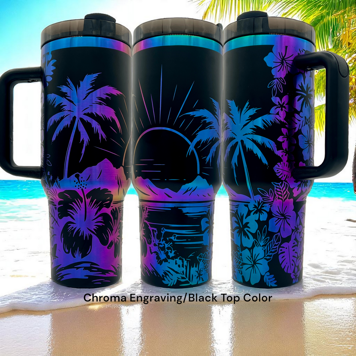 40oz Beach Hibiscus and palm trees with setting sun laser engraved tumbler