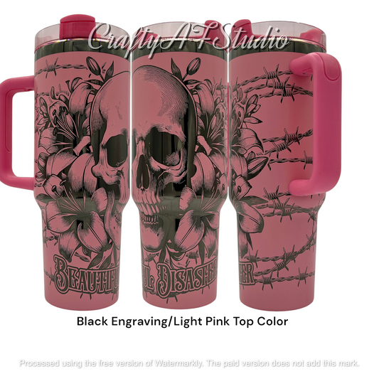 40oz Beautiful Disaster skull with lilies and barb wire laser engraved tumbler. Black engraving with Light Pink top  color