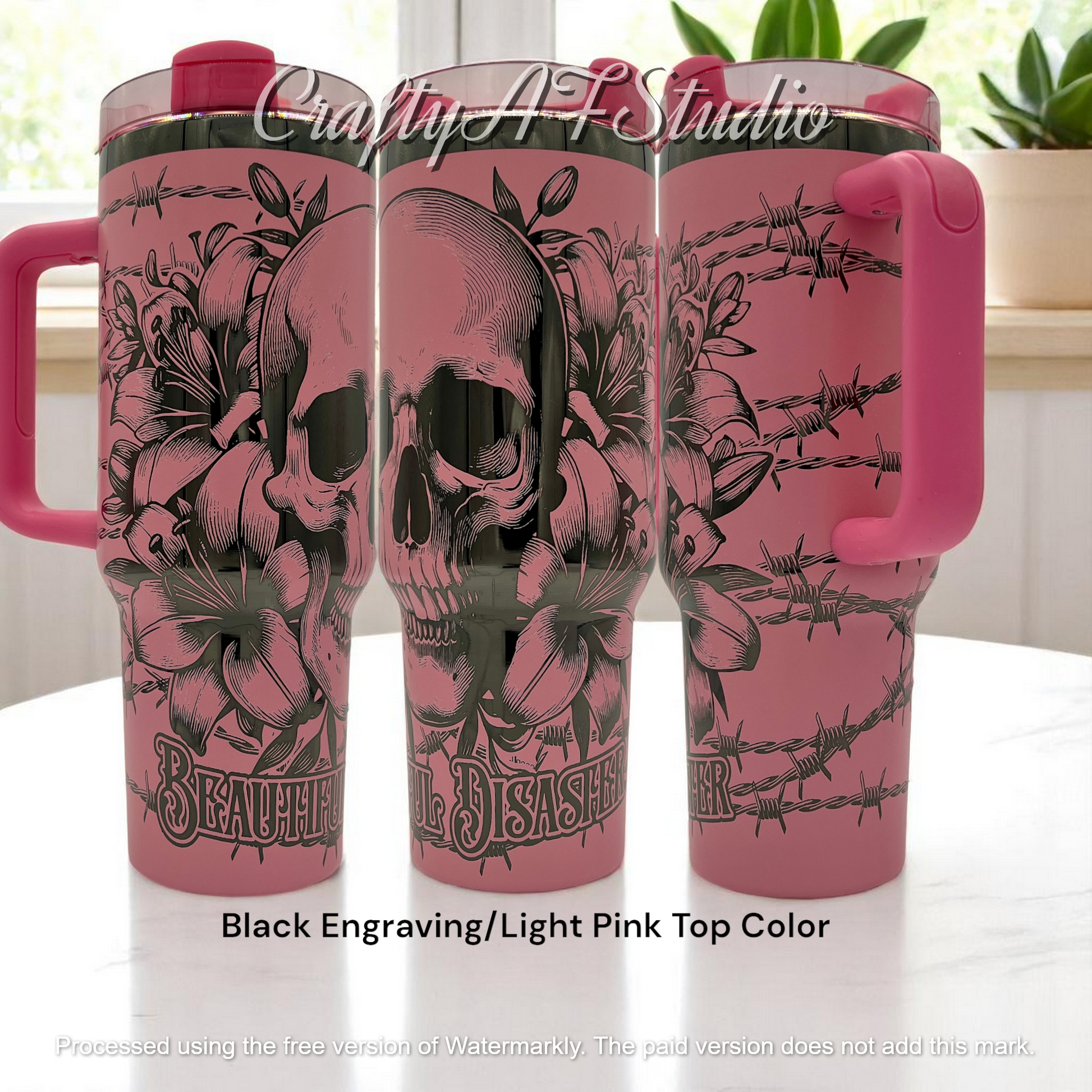 40oz Beautiful Disaster skull with lilies and barb wire laser engraved tumbler. Black engraving with Light Pink top  color