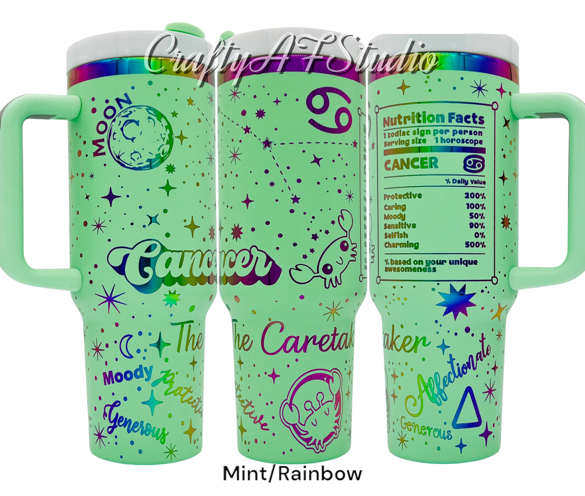 40oz Cancer Zodiac Astrological series laser engraved tumbler. Mint Powder coating with rainbow engraving. The Caretaker, Cartoon Zodiac, Snarky Zodiac, zodiac nutrition 