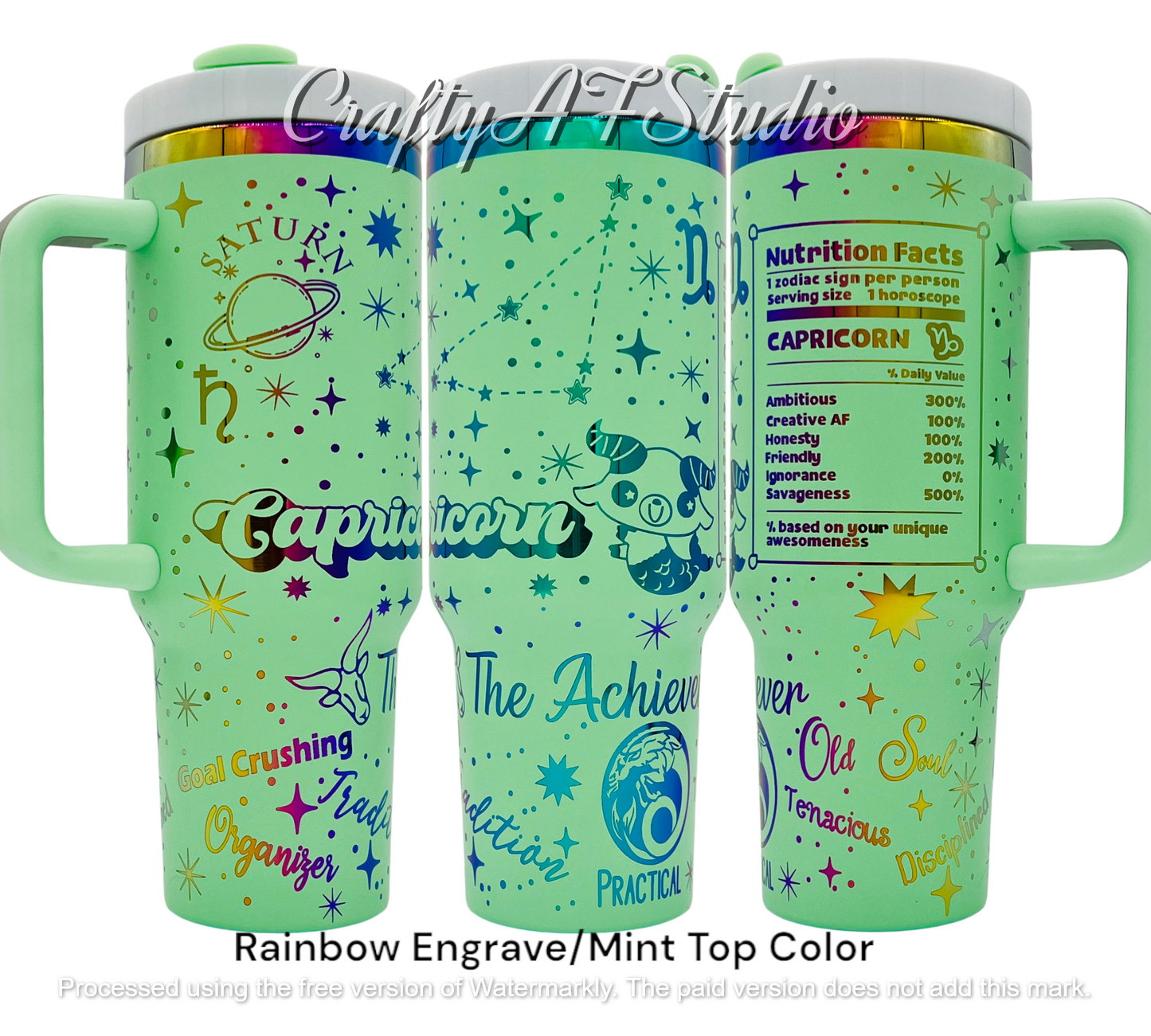 40oz Capricorn Zodiac Astrological series laser engraved tumbler. Mint Powder coating with rainbow engraving. The Achiever, Cartoon Zodiac, Snarky Zodiac, zodiac nutrition