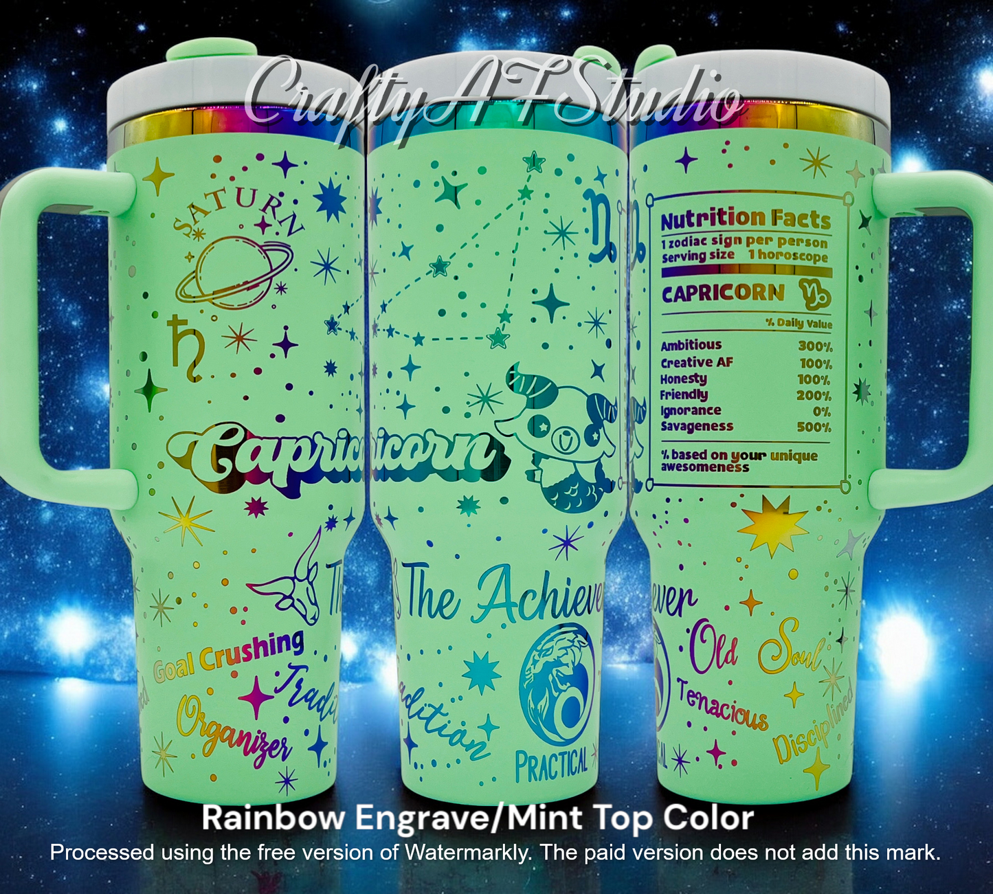 40oz Capricorn Zodiac Astrological series laser engraved tumbler. Mint Powder coating with rainbow engraving. The Achiever, Cartoon Zodiac, Snarky Zodiac, zodiac nutrition