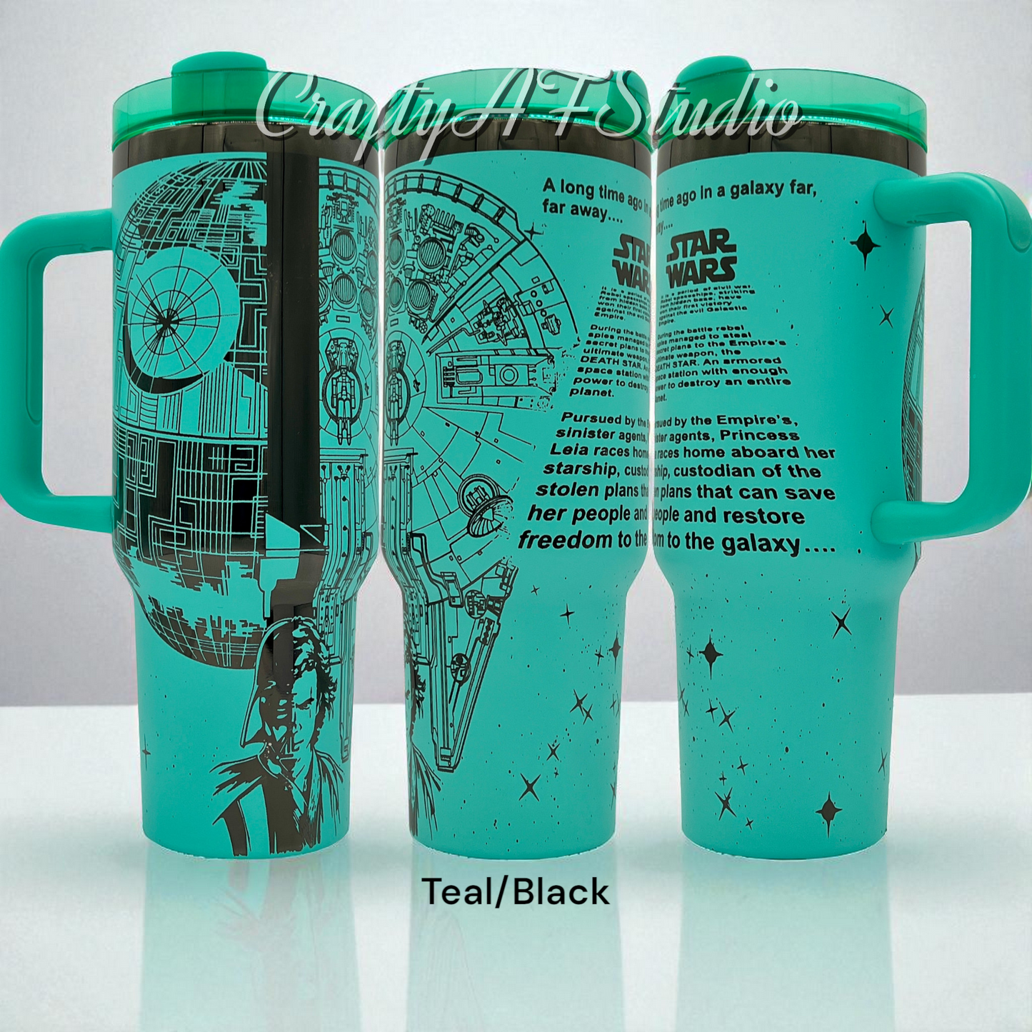 Star W. Light Vs. Dark opening Crawl collage laser engraved tumbler Galaxy Wars 40oz