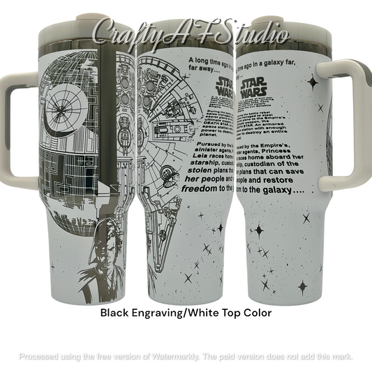 40oz Light vs Dark 2 face with opening crawl laser engraved tumbler