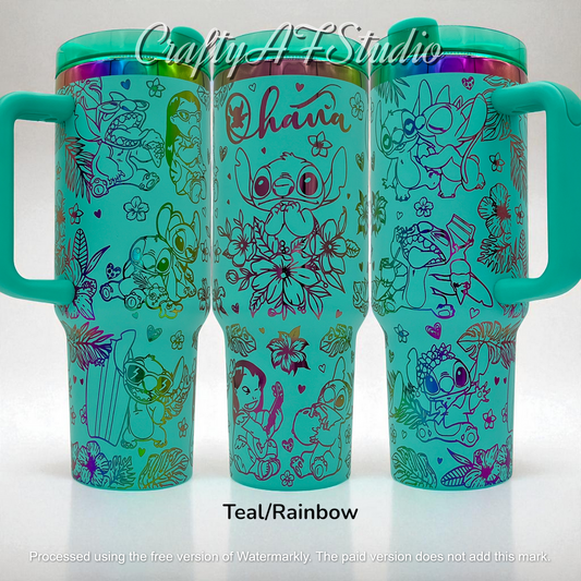 40oz Lilo, Stitch and Angel Ohana Laser Engraved Tumbler