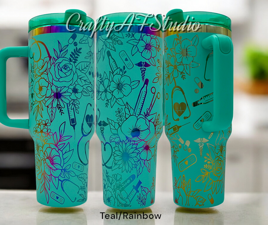 40oz Nurse Life and flowers laser engraved tumbler. PA Physicians Assistant, RN Registered Nurse