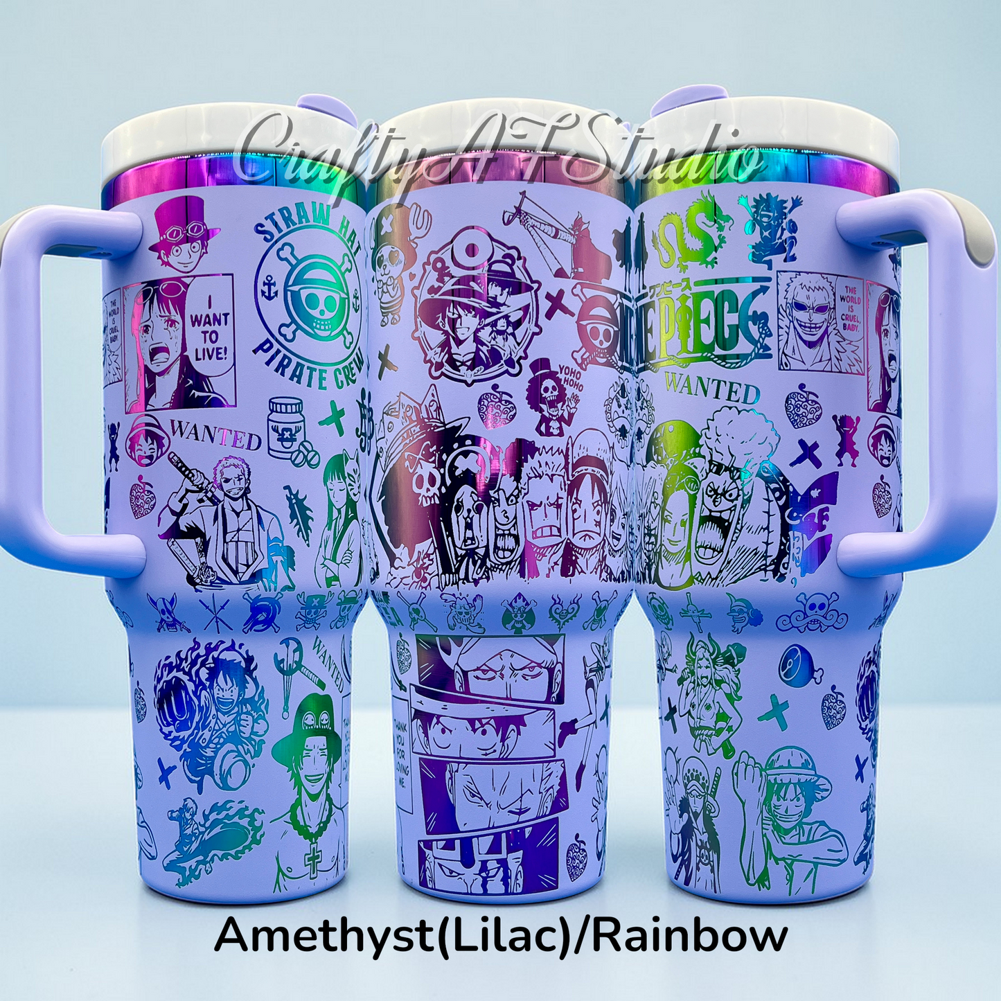 Purple mugs with rainbow lids, featuring colorful anime character designs and logos.