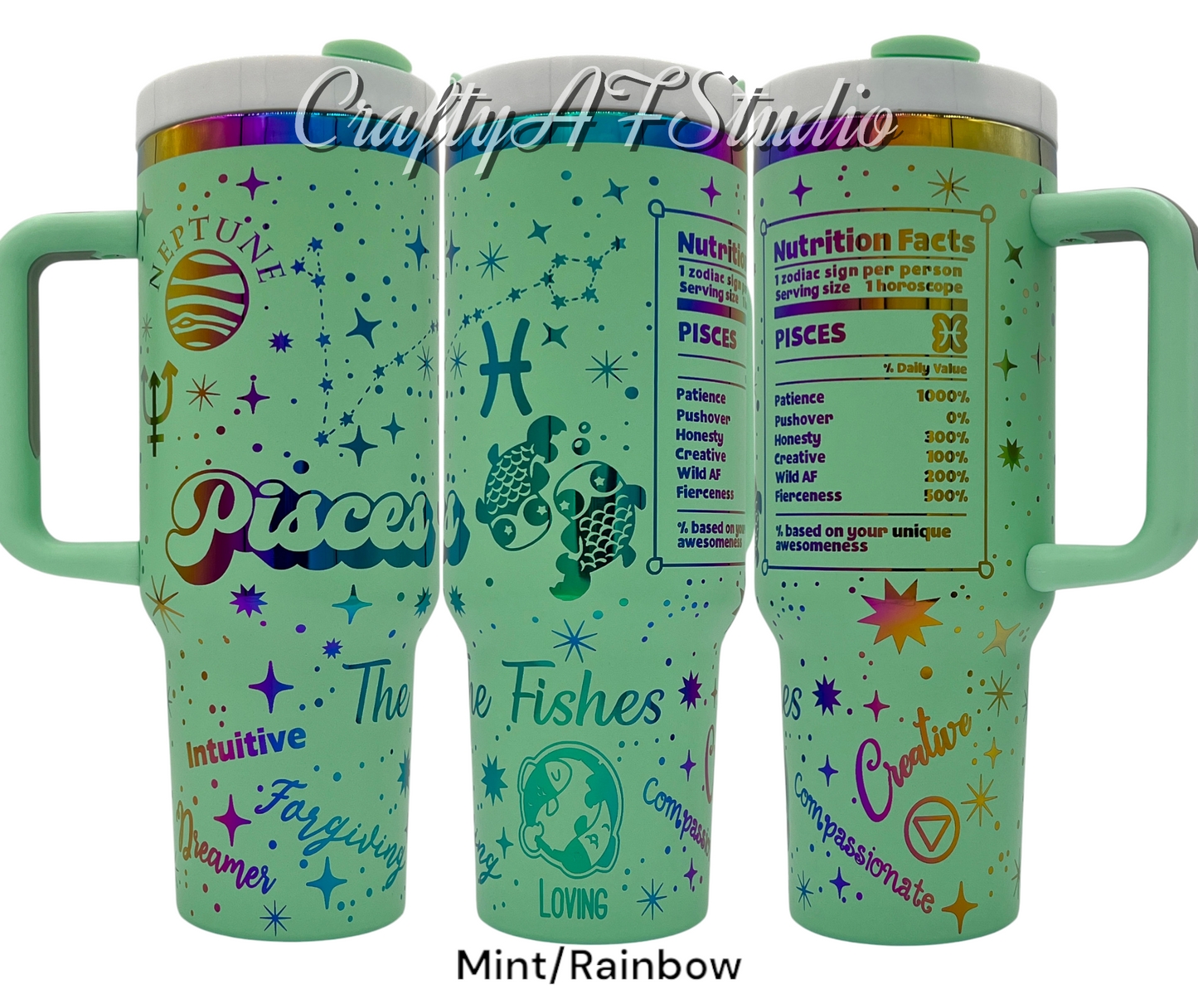 40oz Pisces Zodiac Astrological sign themed laser engraved tumbler. Mint powder coating with rainbow engraving. The Fishes snarky zodiac nutrition facts.