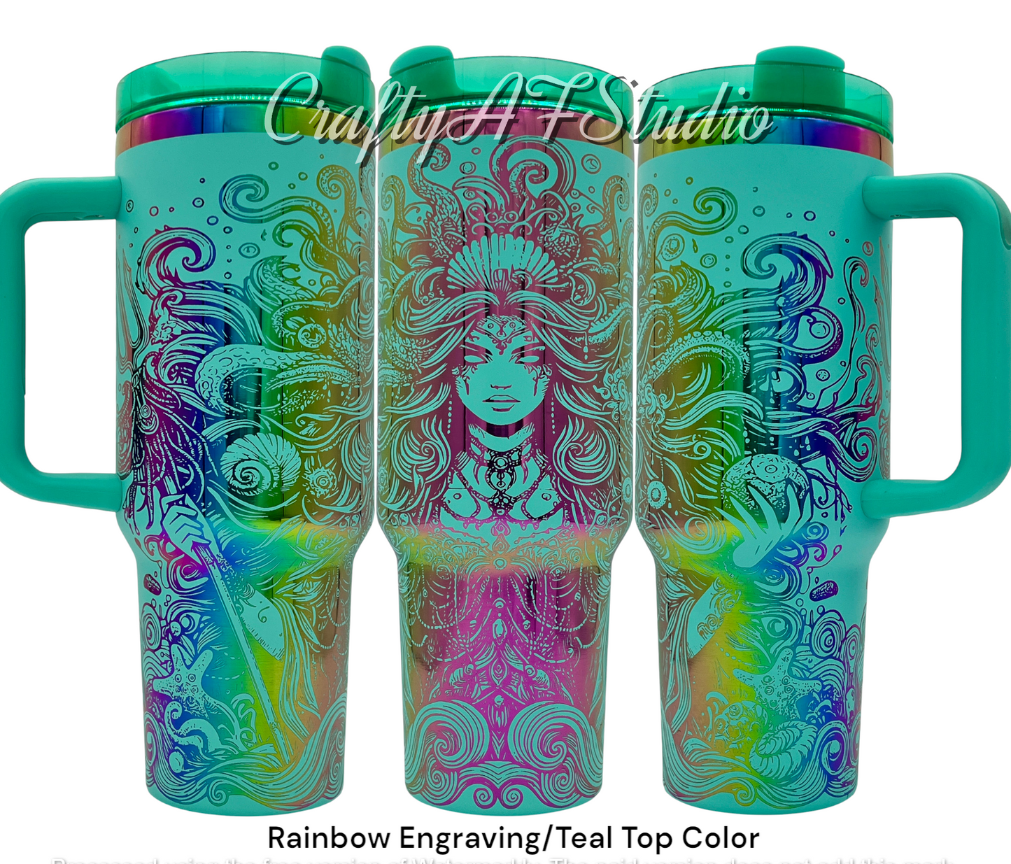 40oz Sea Witch Dark Siren Ocean Life Laser Engraver Tumbler - Rainbow engraving with Teal Top Color