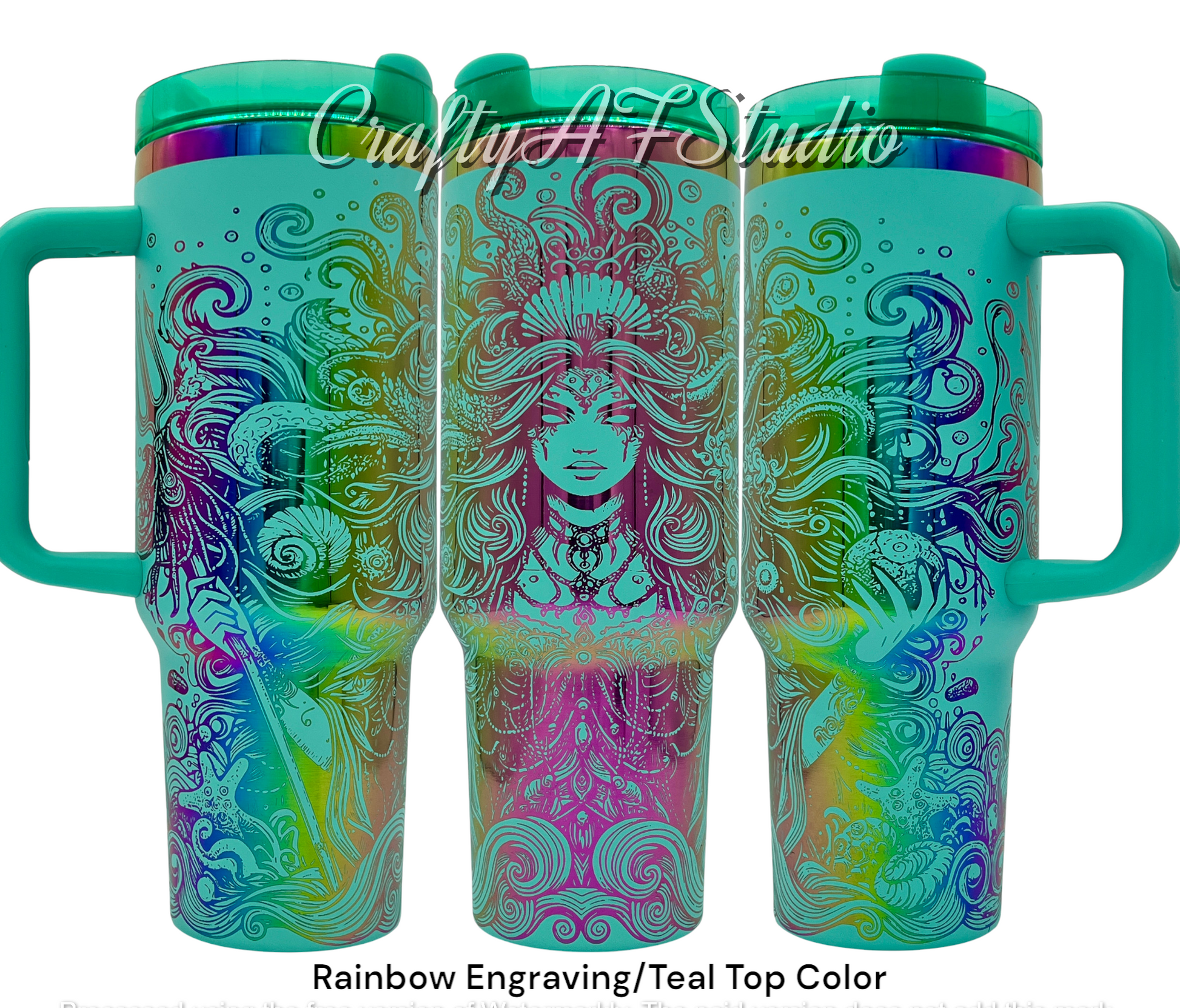 40oz Sea Witch Dark Siren Ocean Life Laser Engraver Tumbler - Rainbow engraving with Teal Top Color