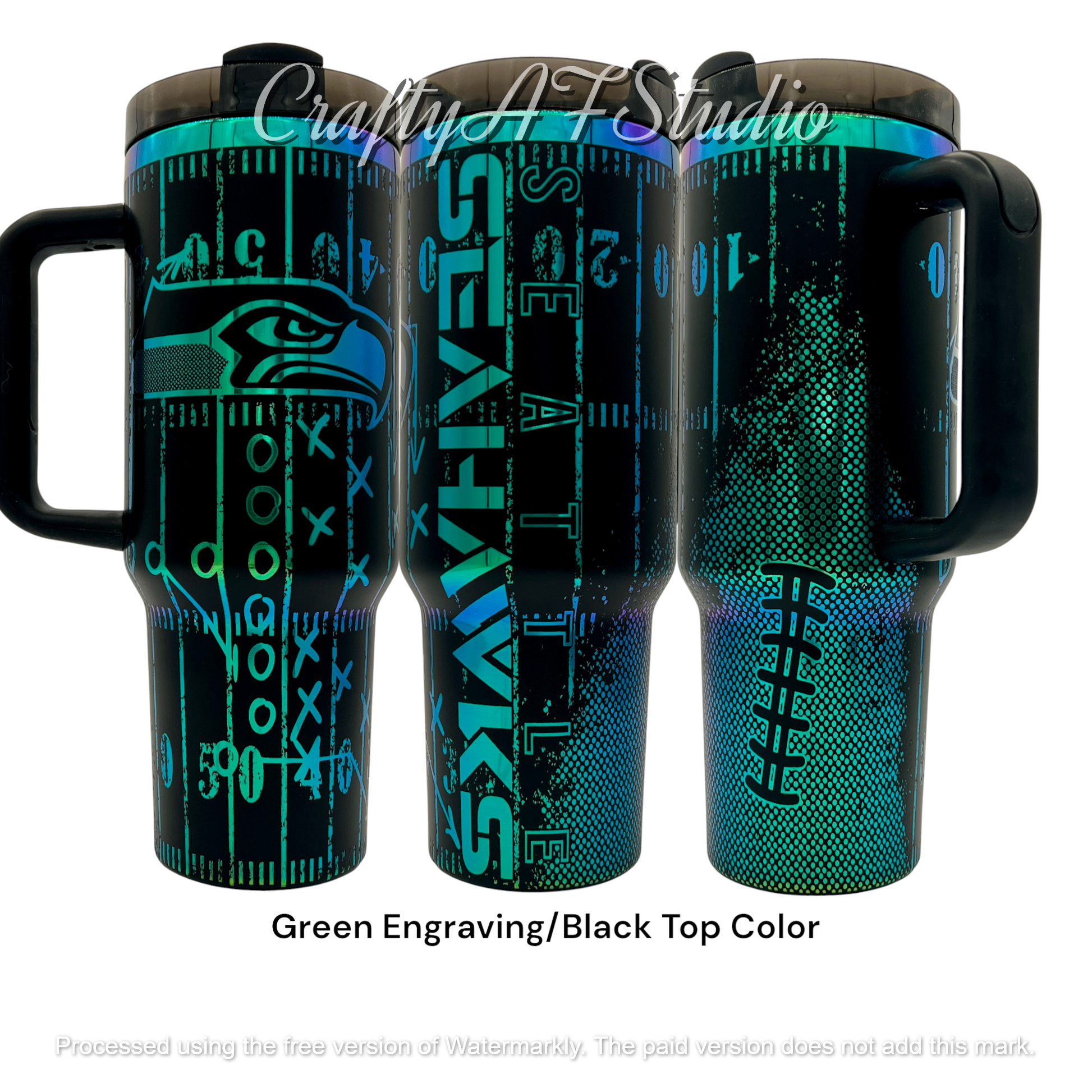 40oz Seattle Seahawks themed laser engraved tumbler. Logos with distressed field and football. Green engraving with black top color