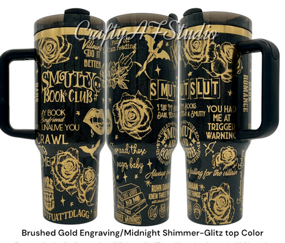 40oz Smutty book club smutslut themed tumbler with Handle. Dark romance, romantasy, romance books, fantasy, trigger warnings, filthy and smutty, smut and coffee
