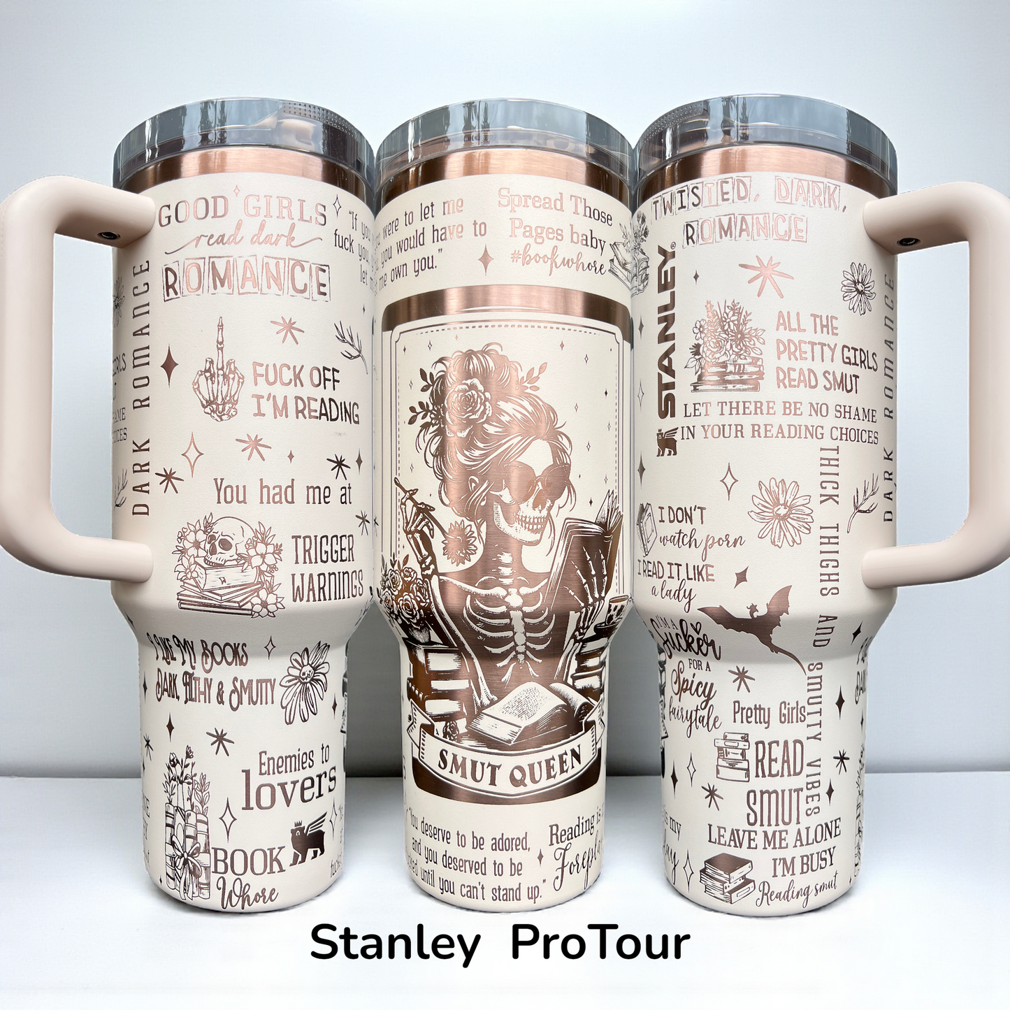 40oz Stanley ProTour Tumbler that is laser engraved with the smut queen design. Romantasy, fantasy, dark romance themed tumbler. 