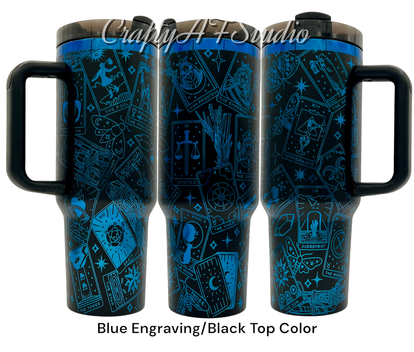 40oz Tarot Card themed laser engraved tumbler. Moths, sage, tarot cards, crystals, stars