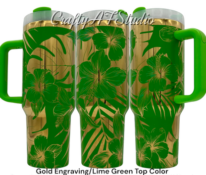 40oz Tropical Flower Paradise - Monstera and Habiscus themed laser engraved Tumbler