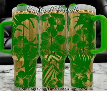 40oz Tropical Flower Paradise - Monstera and Habiscus themed laser engraved Tumbler