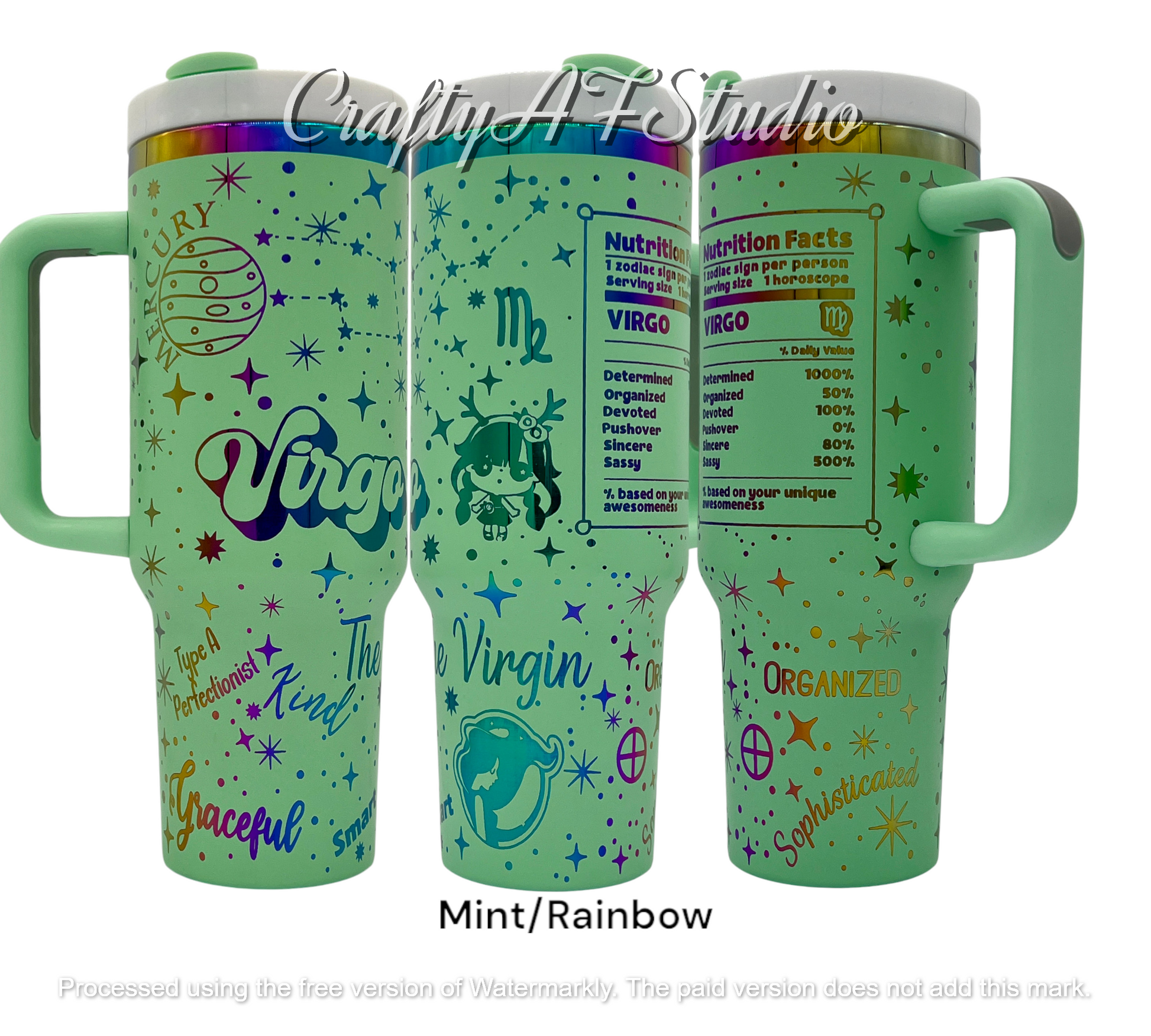 40oz Virgo Zodiac Astrological sign themed laser engraved tumbler. Mint powder coating with rainbow engraving. The Virgin snarky zodiac nutrition facts.