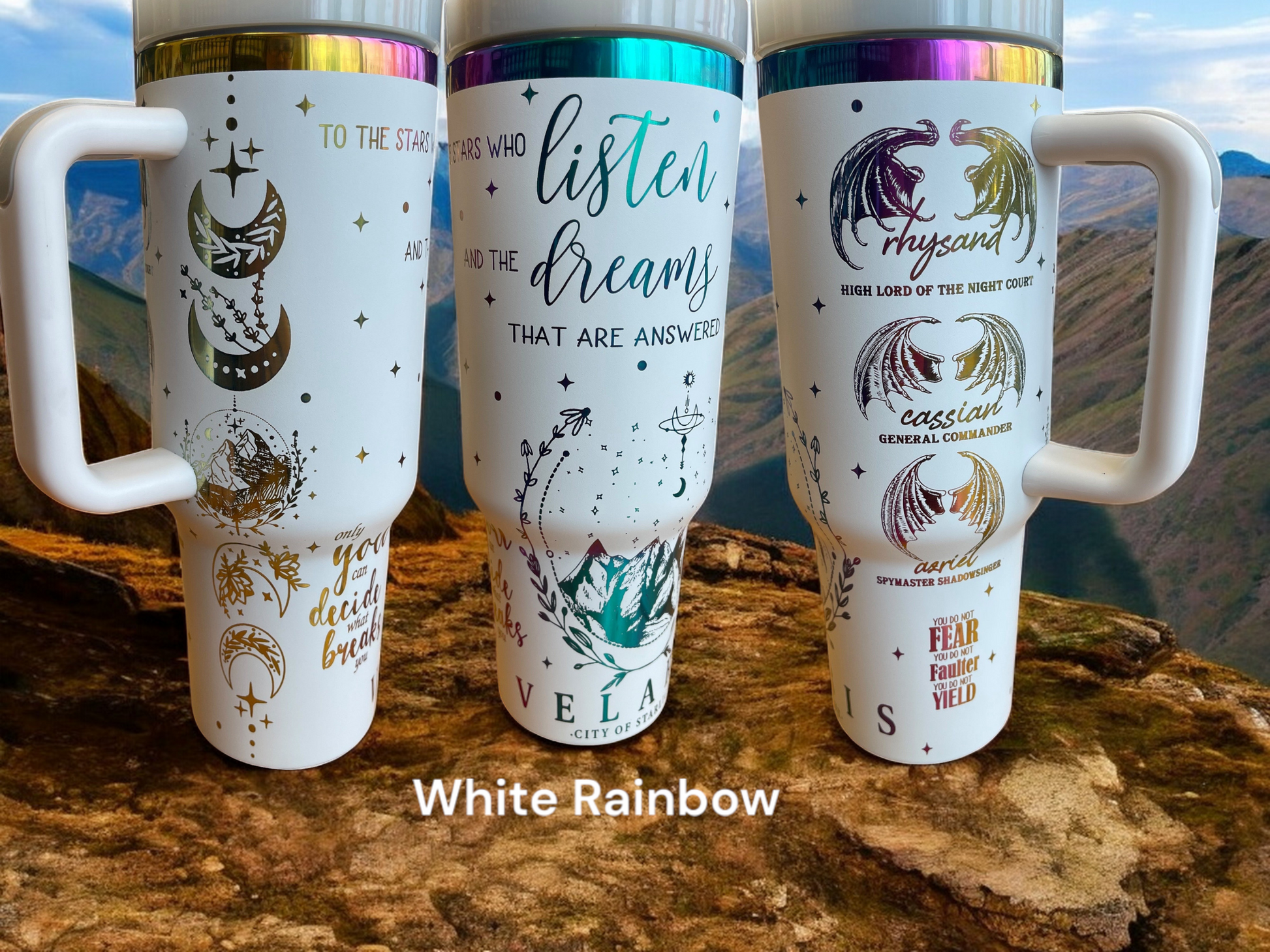 40oz Acotar Velaris City of Starlight engraved tumbler White powder coating with rainbow engraving.