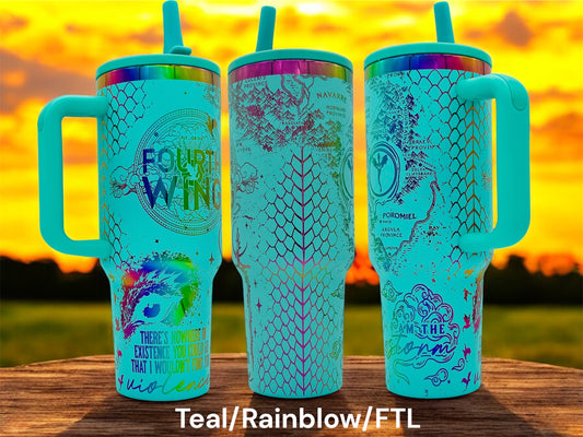 40oz Fourth Wing I am the Storm Themed Laser engraved Tumbler. Dragon riders Fly or Die. Teal powder coating with rainbow engraving and leak proof flip straw lid. Single with Background