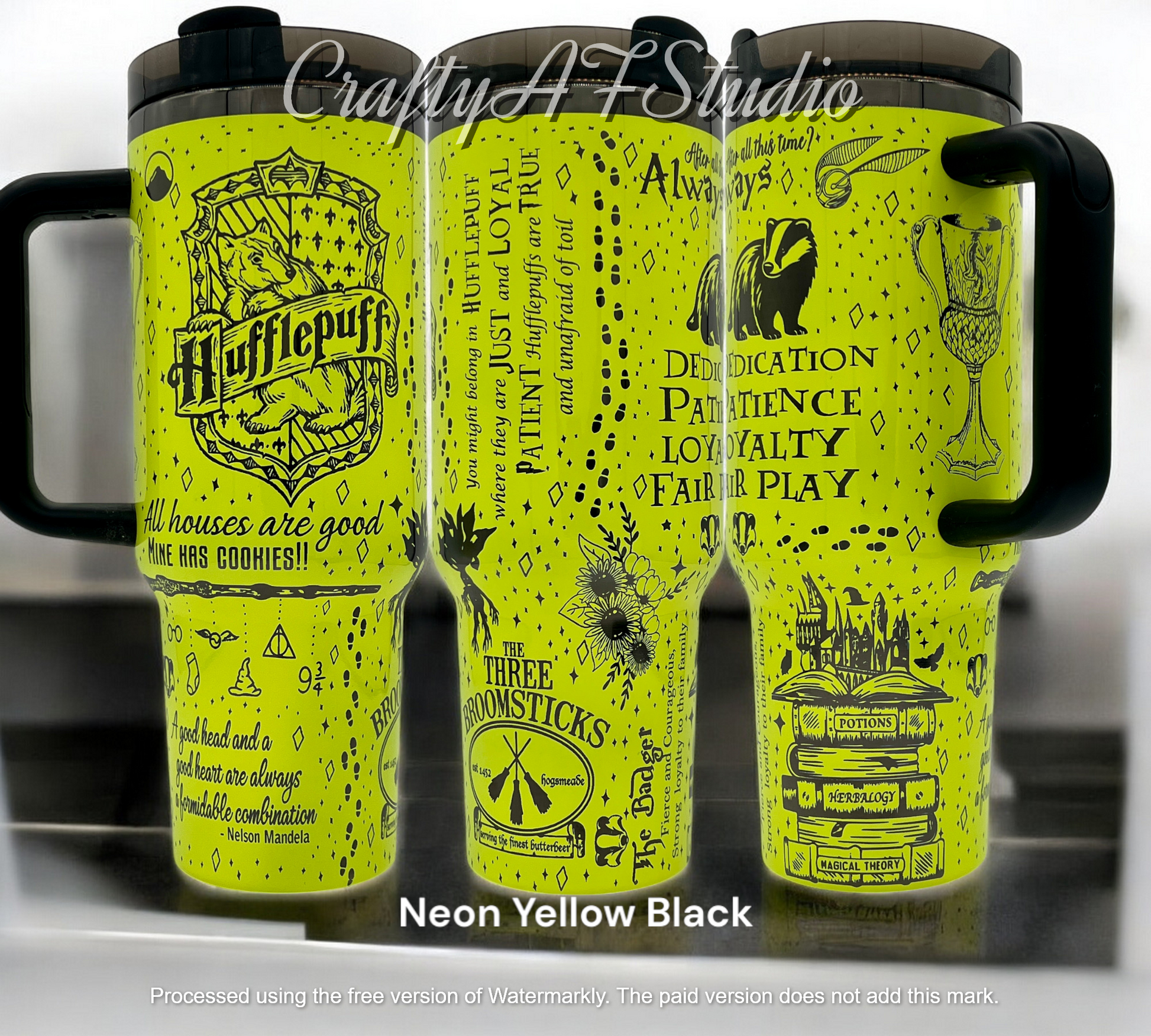 40oz Hufflepuff House themed laser engraved tumbler. Customized to the house with all the cookies. 