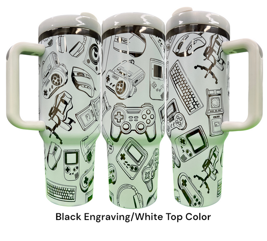 40oz Old School Gamer Themed laser engraved tumbler - Black Engraving with White Top color