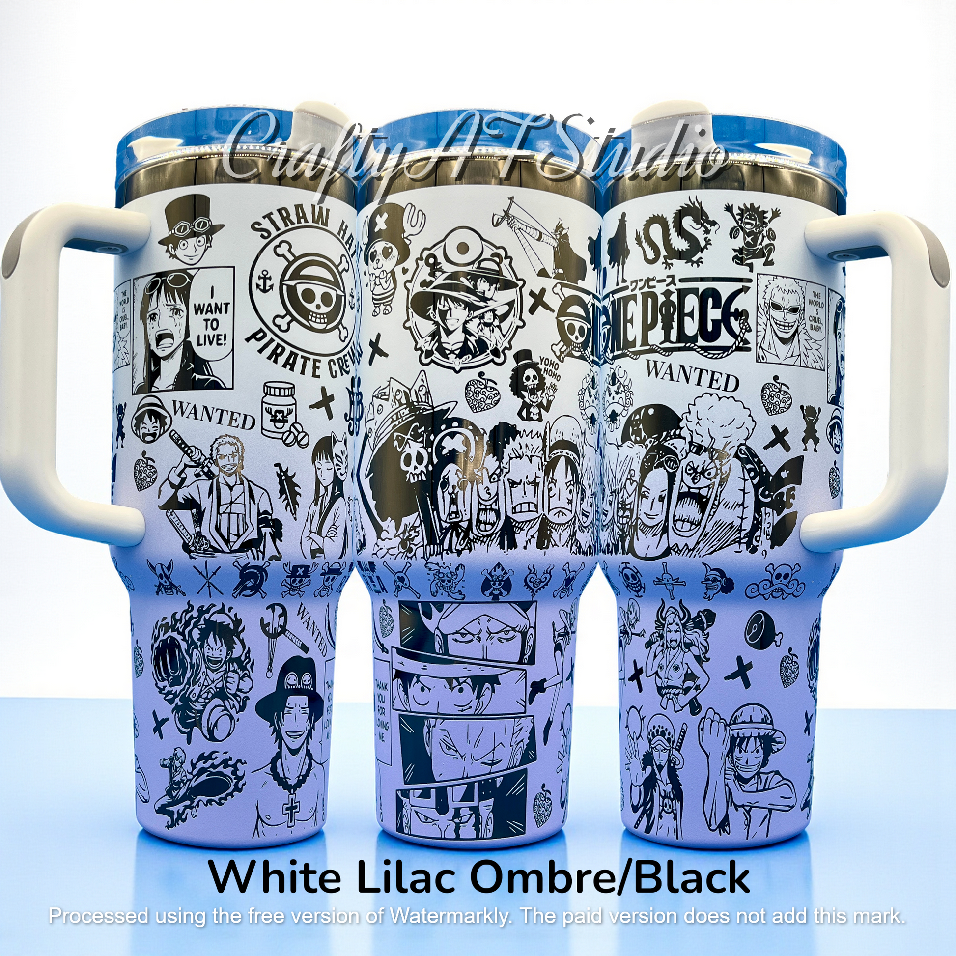 40oz One Piece Anime themed tumbler that is precision laser engraved.  White to Lilac ombre with black underlay.  perfect for any anime lover. 