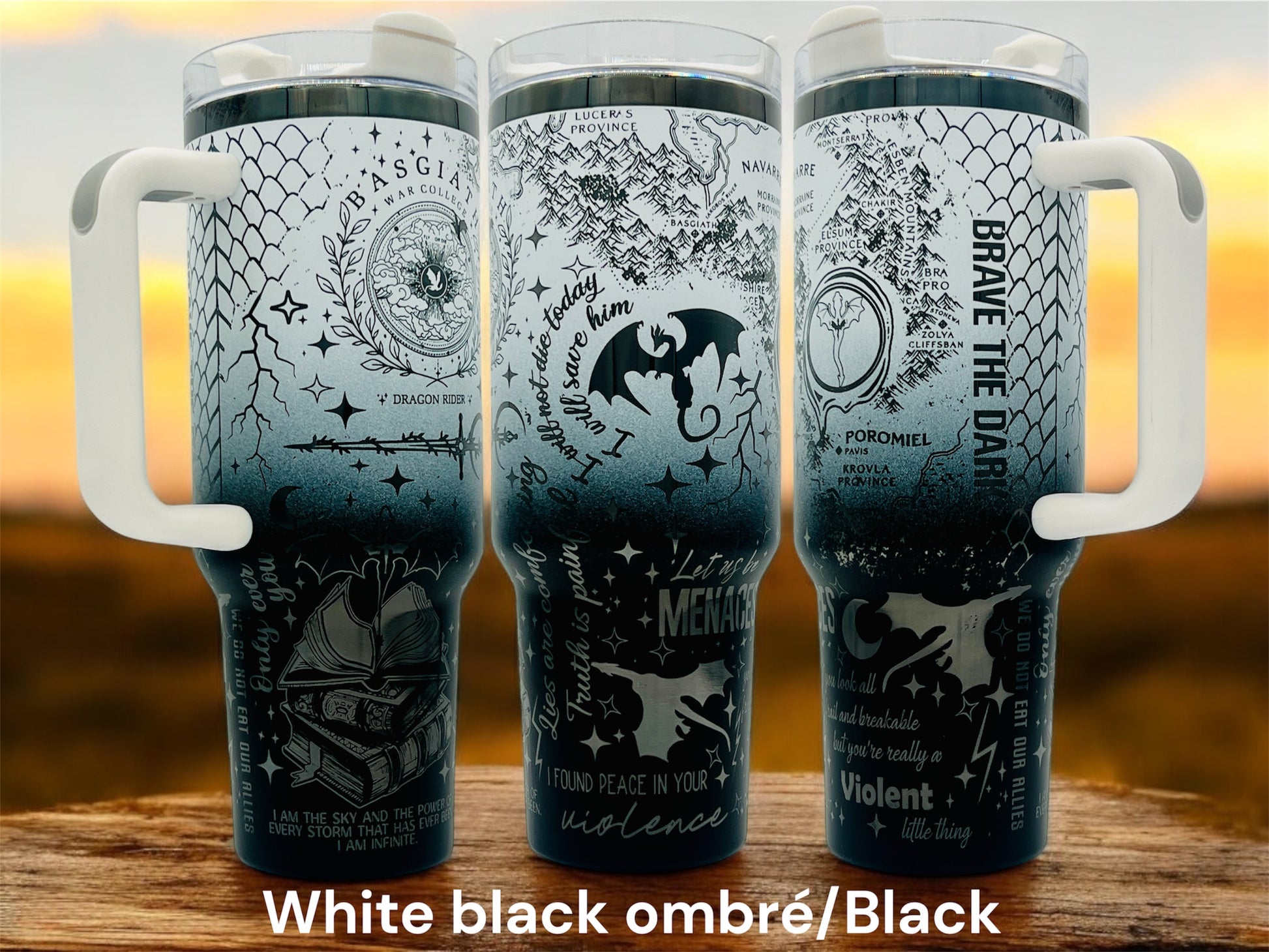 40oz Onyx storm themed tumbler. white powder coating with black engraving.