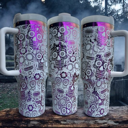 40oz Sugar skulls full wrap on white powder coated tumbler with rainbow engraving