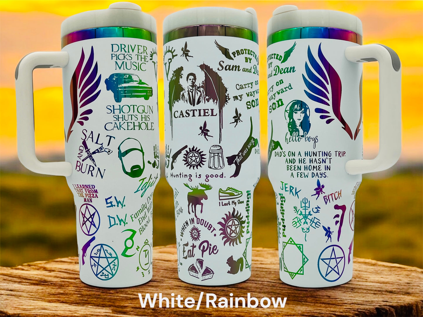 40oz Supernatural tv series Tumbler full wrap with handle white powder coat with Rainbow engraving.