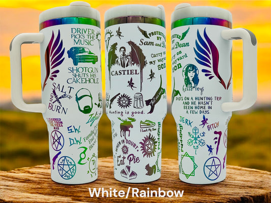 40oz Supernatural tv series Tumbler full wrap with handle white powder coat with Rainbow engraving.