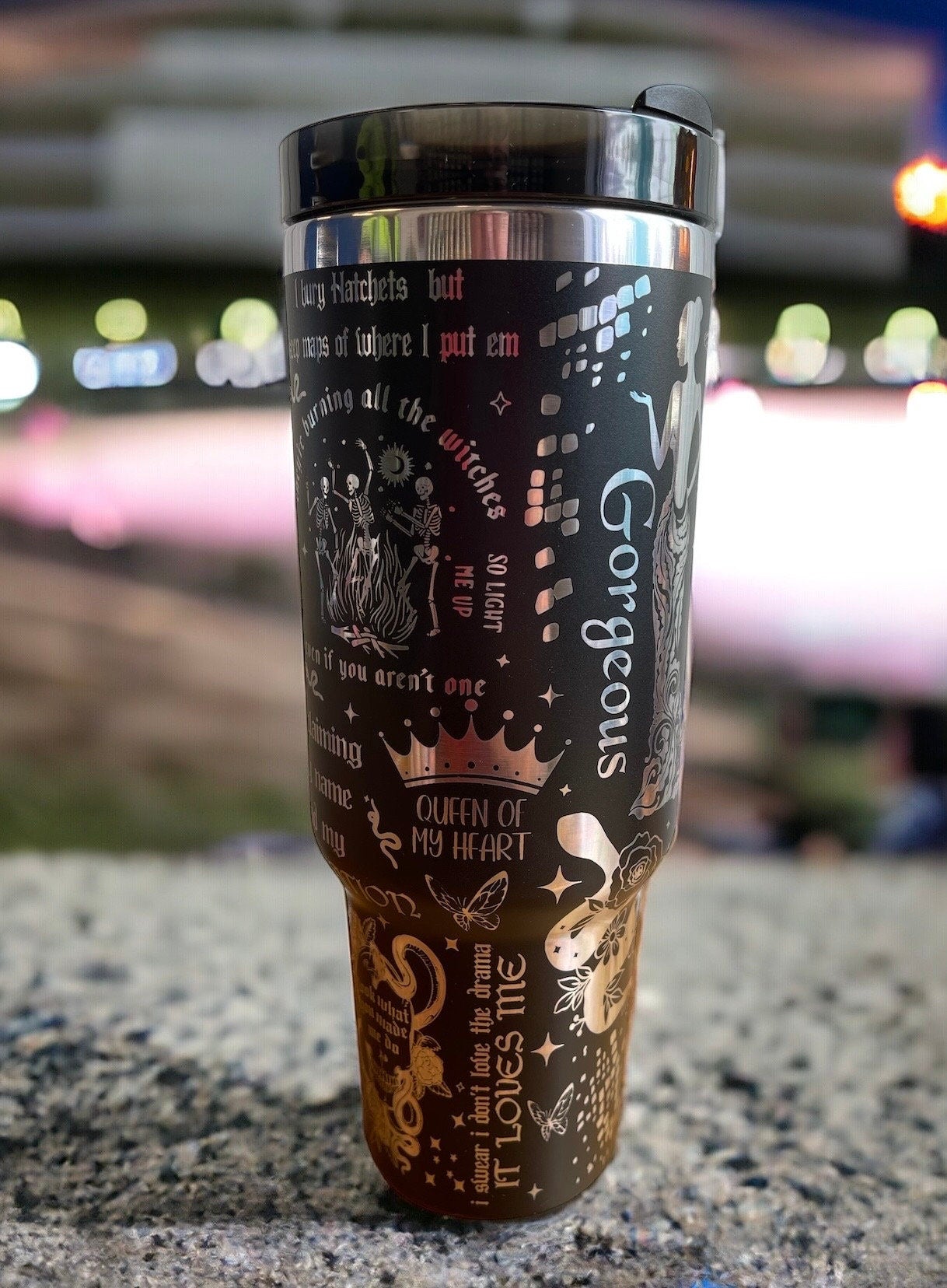 40oz Taylor Swift Reputation Album Themed Laser Engraved Tumbler - Chrome Engraving with black top color