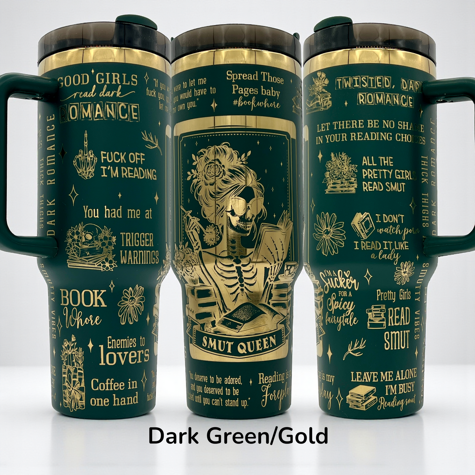 dark green travel mugs with gold text and designs on a white background.