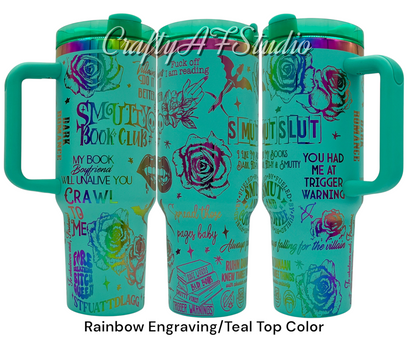 40oz Smutty book club smutslut themed tumbler with Handle. Dark romance, romantasy, romance books, fantasy, trigger warnings, filthy and smutty, smut and coffee