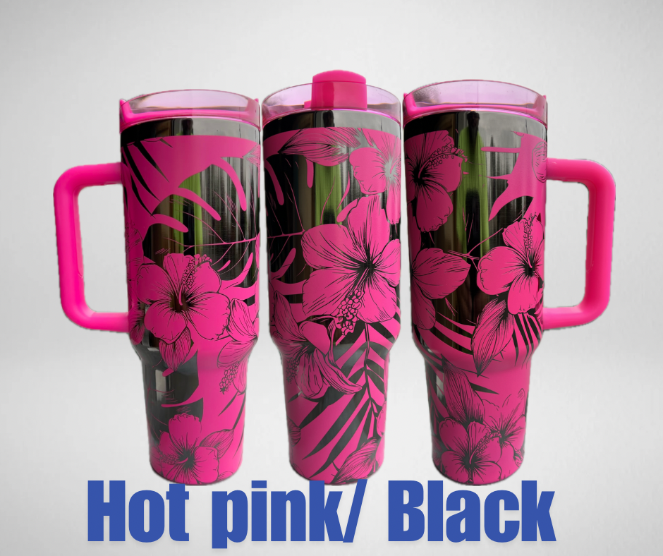 Tropical Paradise Monstera and Hibiscus - laser engraved rainbow 40oz tumbler