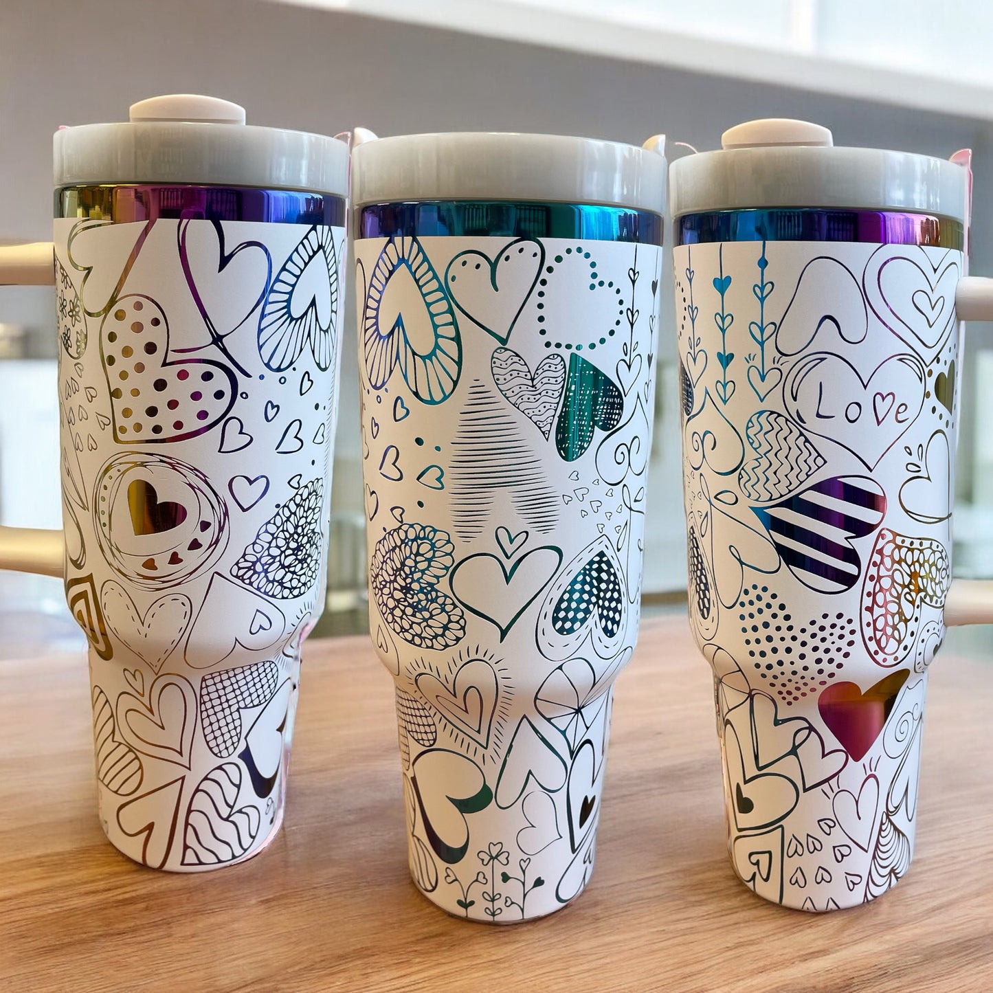 Doodle Hearts laser Engraved Tumbler 40oz handle Love