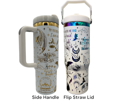 30oz With Handle MaasVerse SJMVerse TOG Acotar Crescent City Mashup laser engraved Tumbler - Bat boys - Alphahole - City of Starlight - Dragons - style comparison