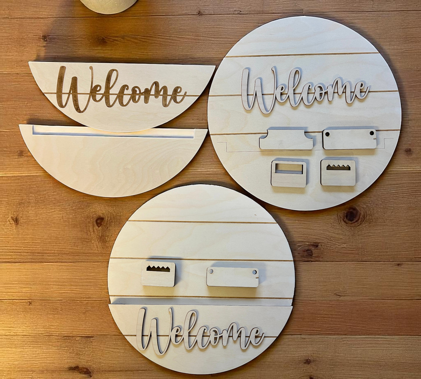 Interchangeable base - Raw Baltic Birch Plywood - 15 and 18 inch sizes with two styles of hangars for back - Shiplap design