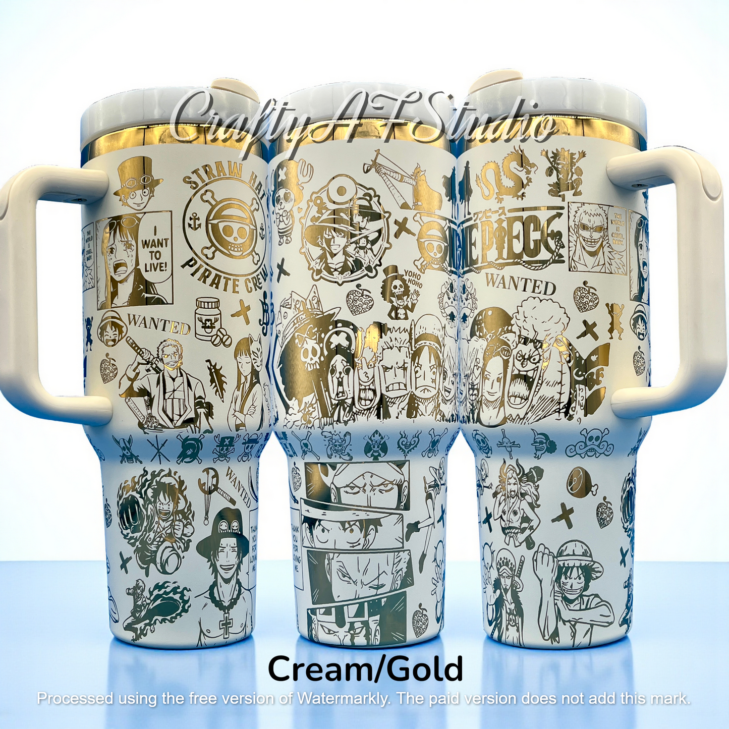 Three cream mugs with gold pirate-themed illustrations and handles, set against a light background.