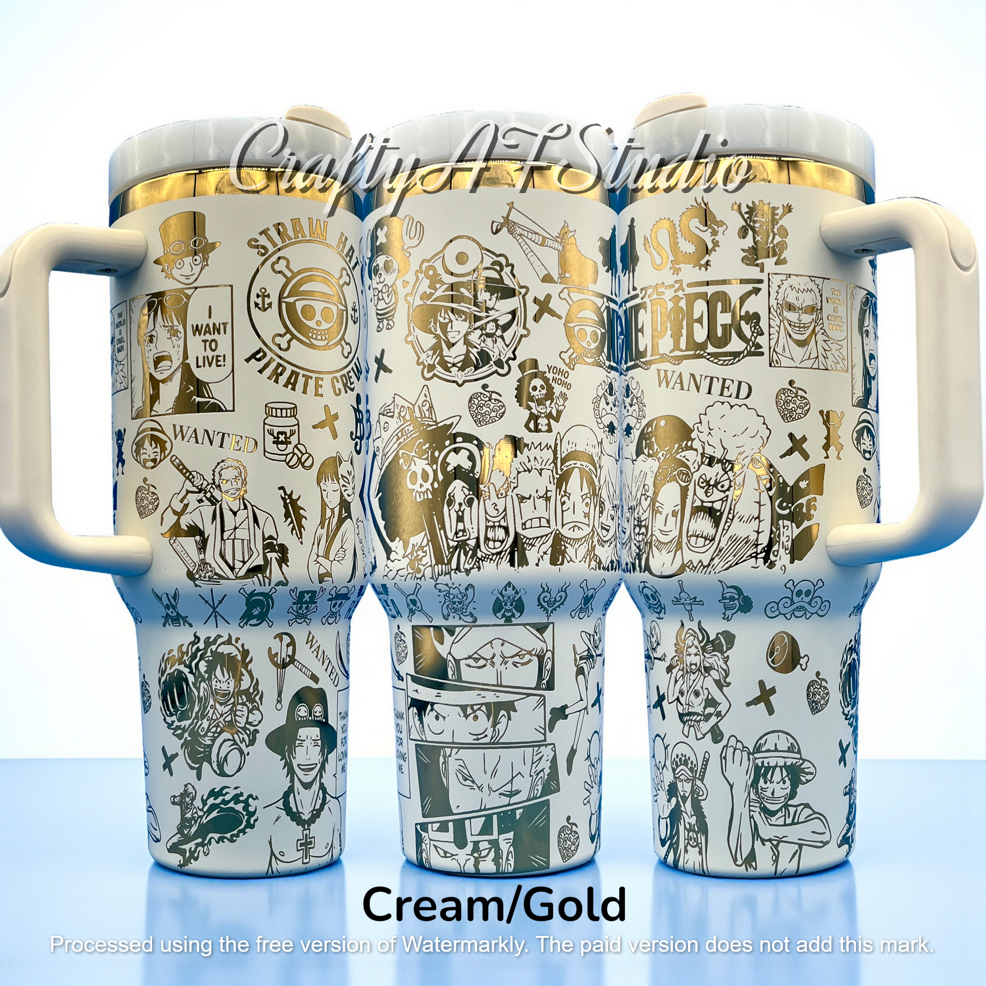 Three cream mugs with gold pirate-themed illustrations and handles, set against a light background.