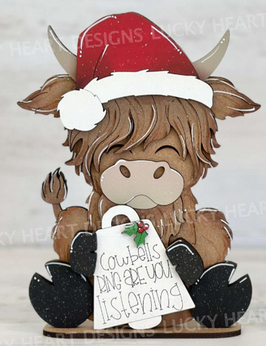Cute cartoon cow with a Santa hat, holding a sign, "Cowbells ring, are you listening?"