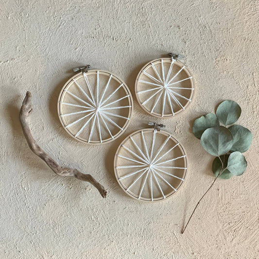Set of Two 5” Warped Hoops, One 4” Warped Hoop for Weaving