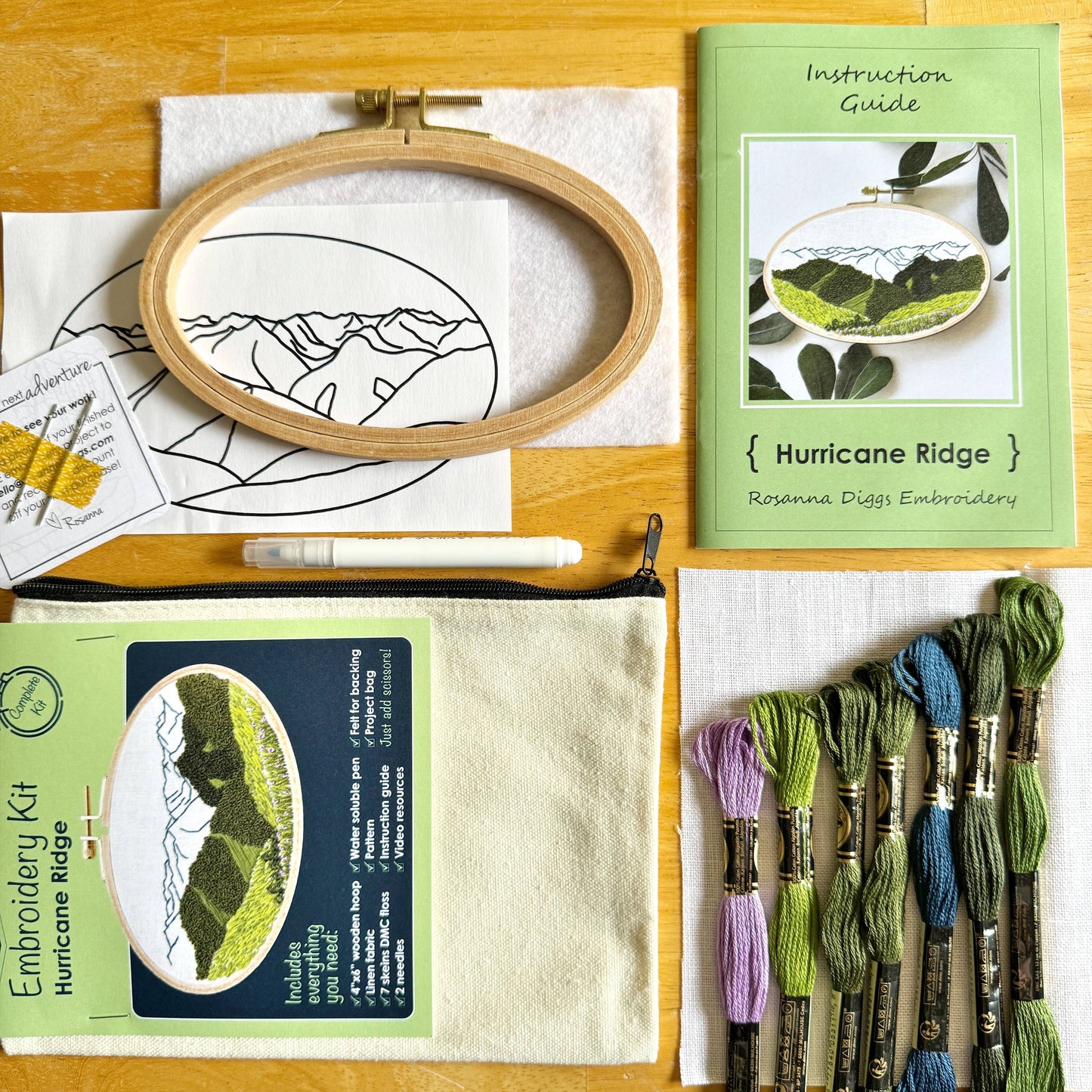 Embroidery kit with hoop, thread, and instruction guide on a wooden surface