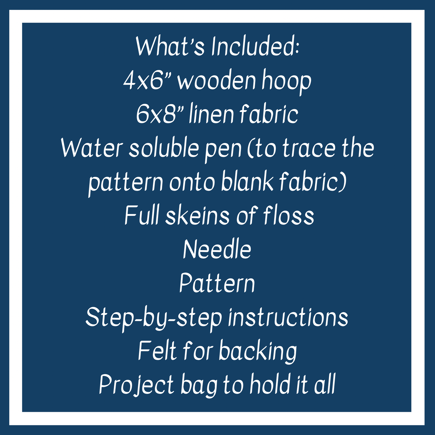 List of included items for a embroidery kit on a blue background